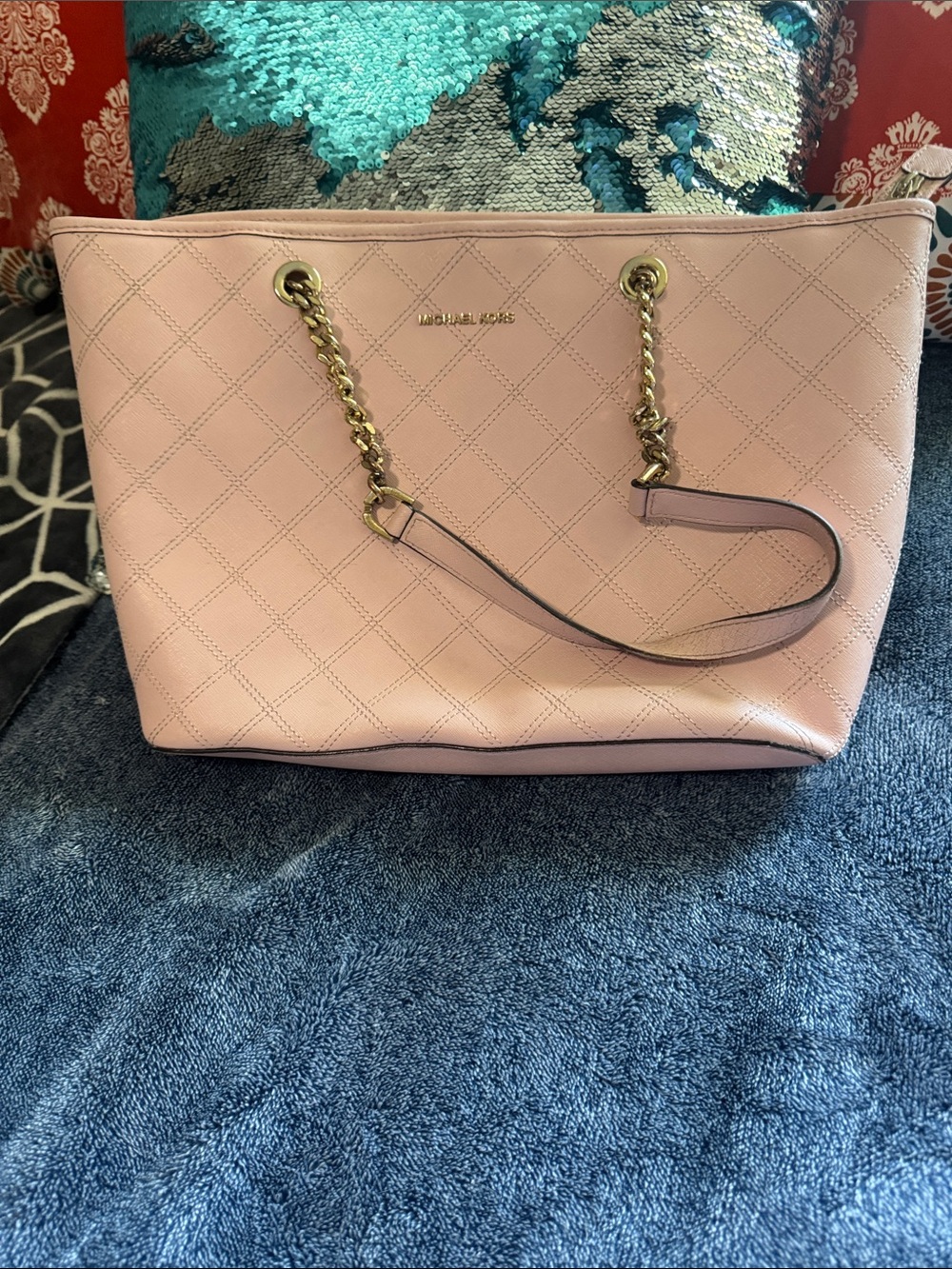 Michael Kors Blush Quilted Tote with Gold Chain Straps